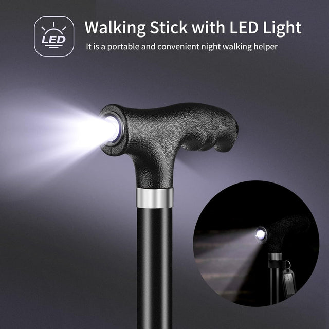 FOLDBAR LED - STOK – Elegant og praktisk sort gangstok med LED - lys. Højdejusterbar. - Seniorpleje - Foldbar stok - Seniorpleje - OOC - 01 - 