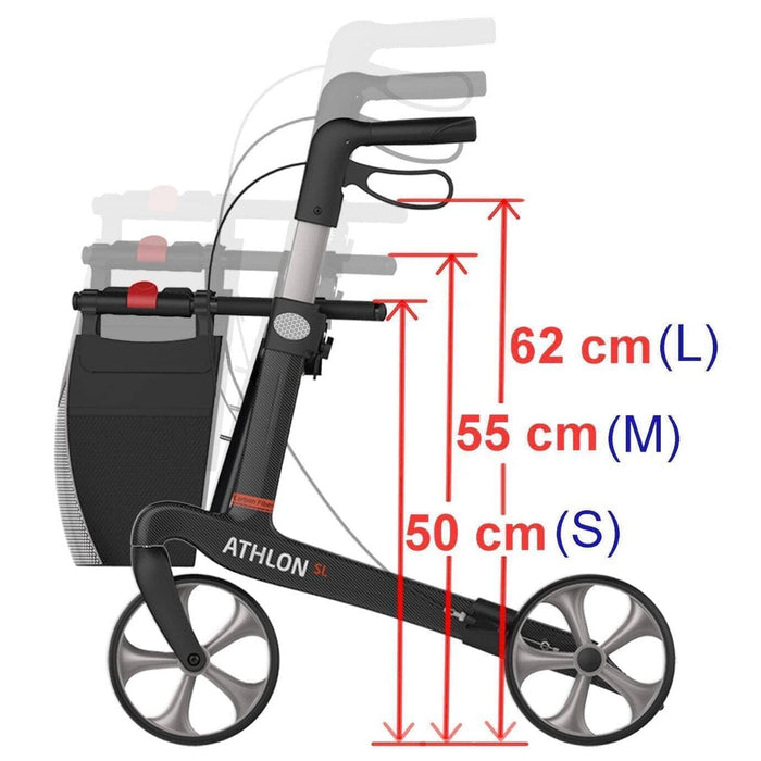 “ATHLON SL”, kulfiber rollator - Super lækker, smart og ultra let. Vejer kun 5,1 kg - Seniorpleje - Udendørs rollatorer - Rehasense - RHS-CRBKM550 - Sort -55 cm. -