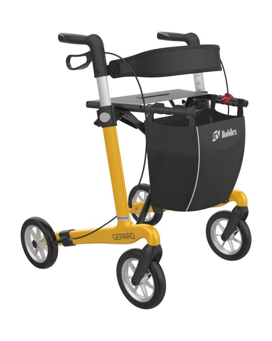 Gul kulfiber rollator - Ultra let & sammenklappelig, 5,5 kg. Inkl. rygstøtte & stokkeholder - Seniorpleje - Udendørs rollatorer - Mobilex - MBX-312407 - Gul -62 cm. -